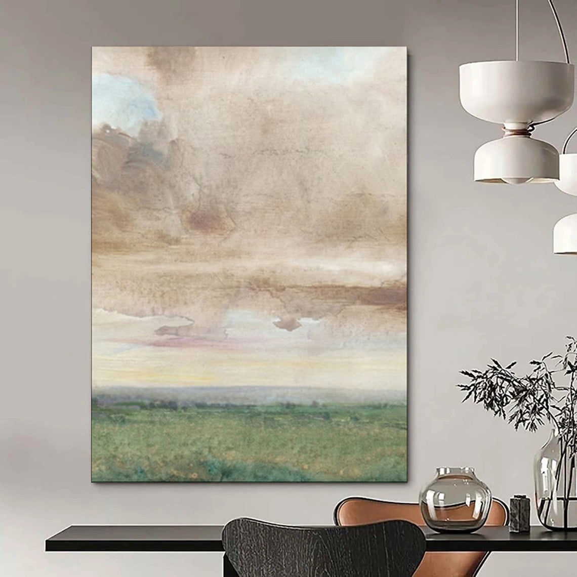 “Muted Sky Over Green Fields” – Watercolor Landscape Painting On Canvas CT2116