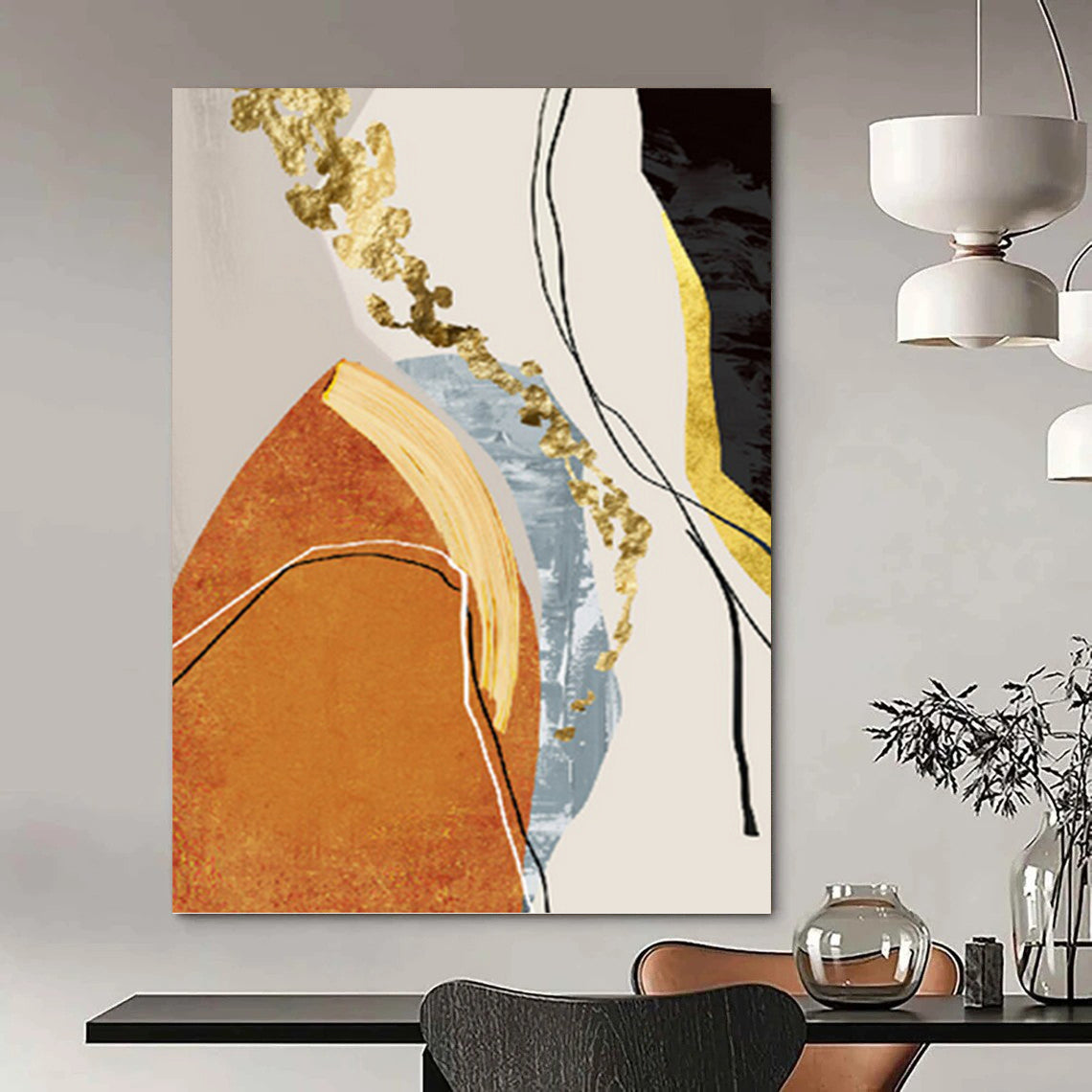 “Golden Fusion” - Orange, Gold, Blue & Black Abstract Shapes Painting On Canvas DKH1515