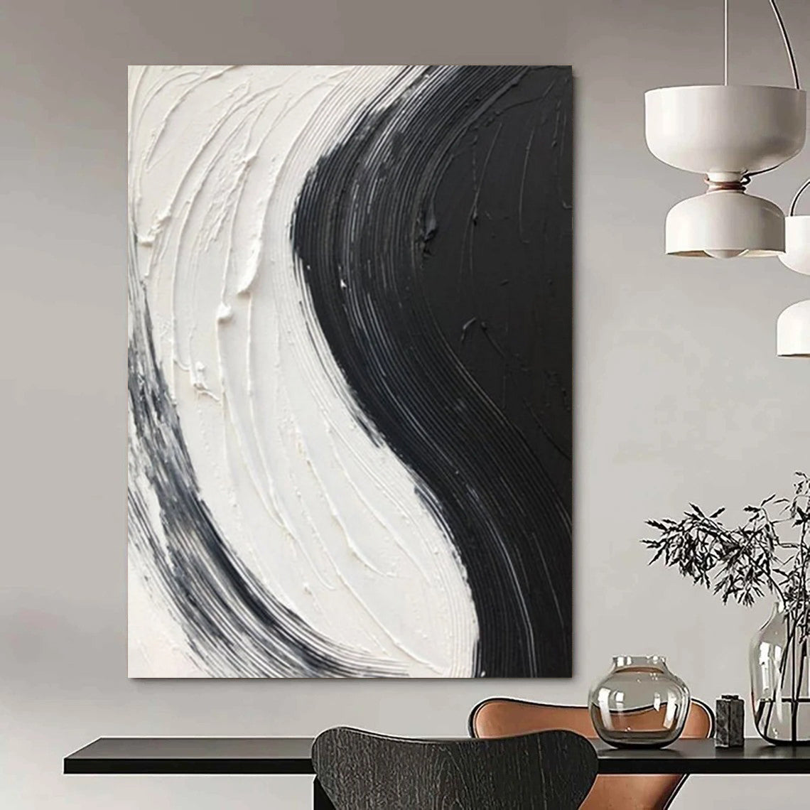 “Black, White Swirl ‘Yin - Yang Flow’” - Impasto Abstract Painting On Canvas DTP376