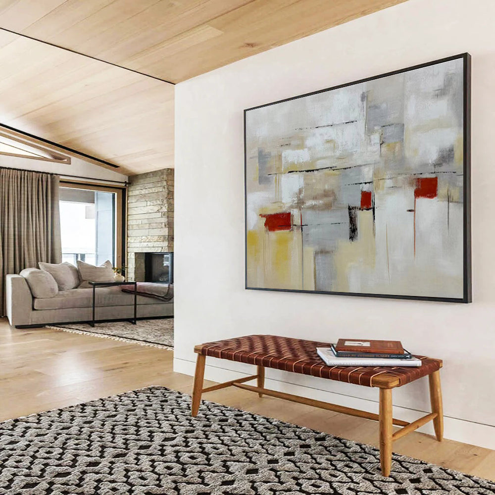 “Neutral Tones Abstract Geometry” - Beige, Gray, Red Minimalist Abstract Painting On Canvas DKH750