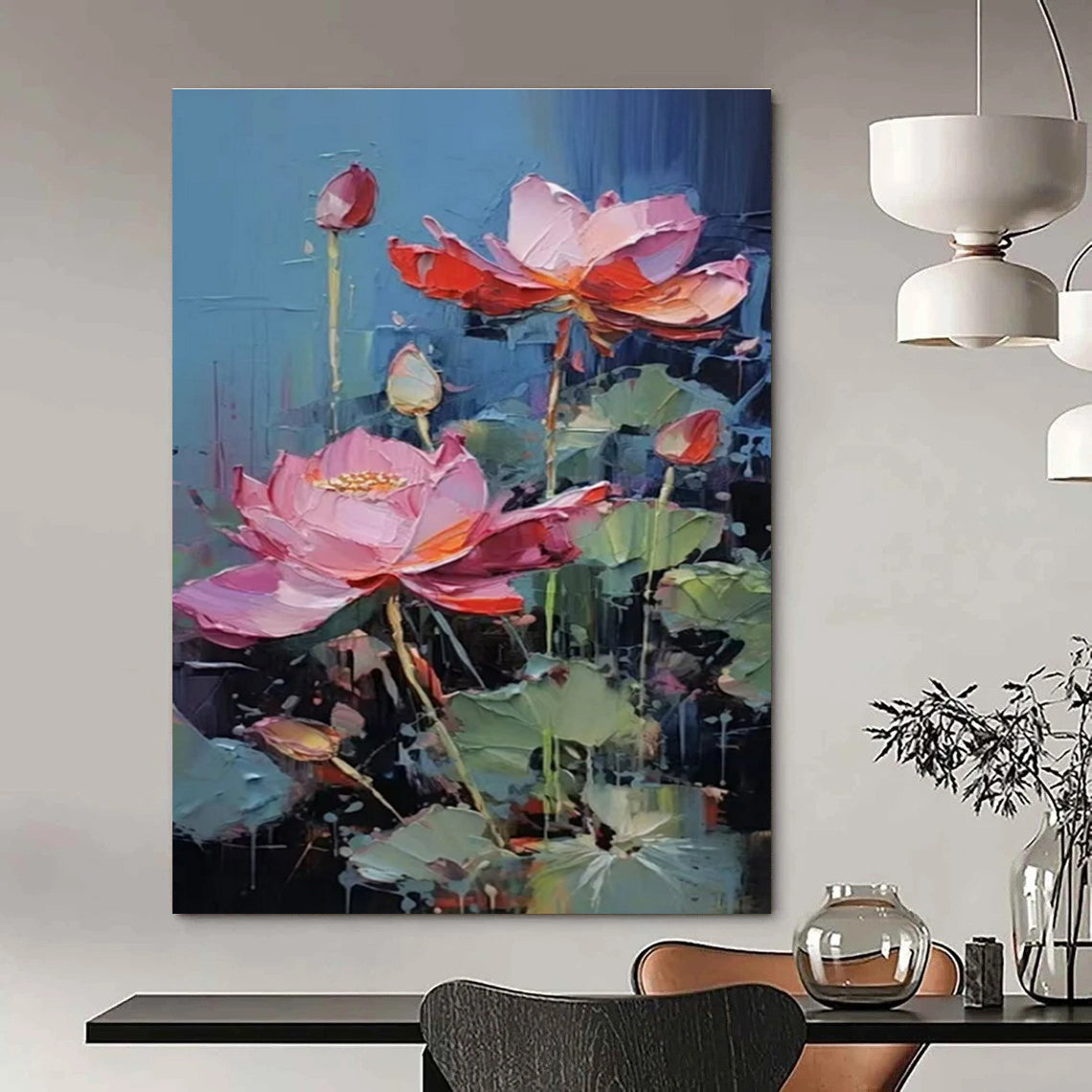 Pink & Red Lotuses, Textured Petals - "Lotus Rhapsody" - Impasto Oil Painting CT1436