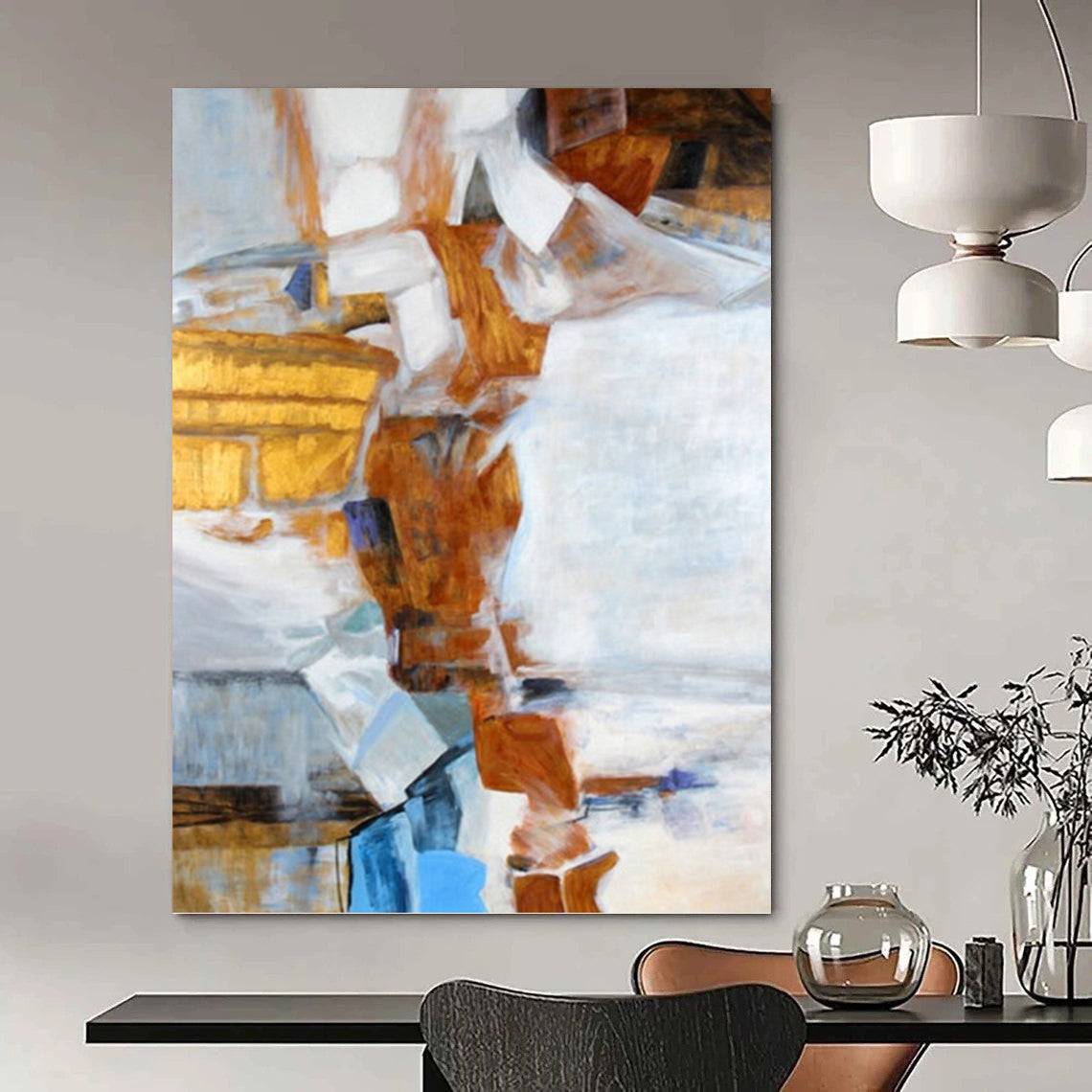 “Geometric Collage in Warm Tones” - Brown, White & Blue Cubist - Style Painting On Canvas DKH0937