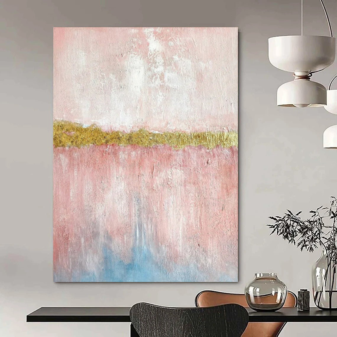 Pink & Gold Abstract Divide - Minimalist Abstract Painting On Canvas CT2288