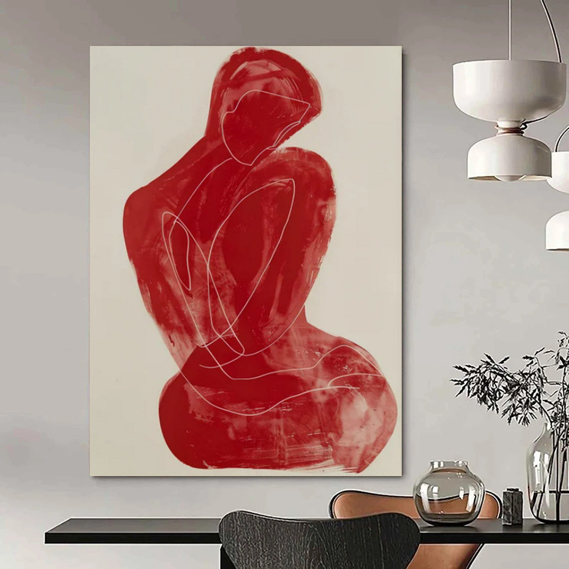 “Red Line Figure” - Minimalist Abstract Figure Painting On Canvas CT2228