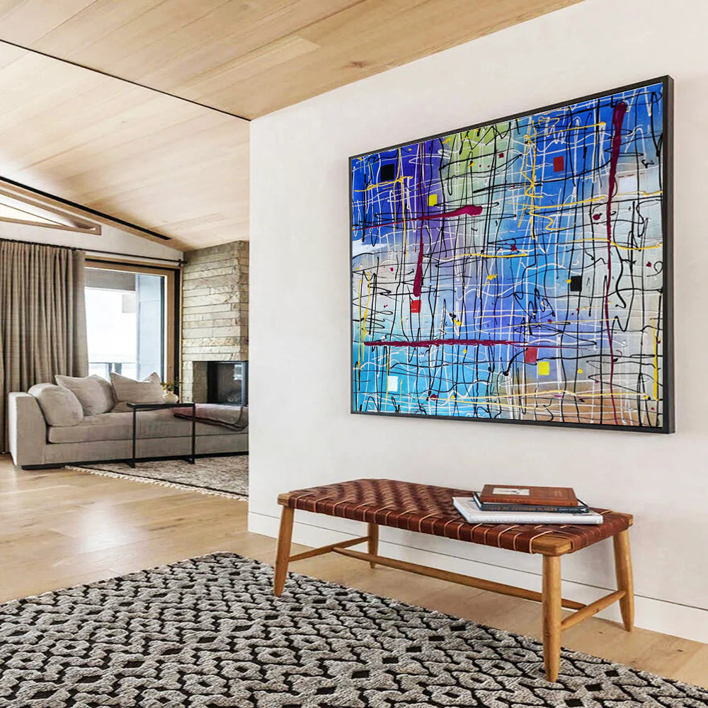“Colorful Line Grid Abstract” - Vibrant Abstract Painting On Canvas DKH849