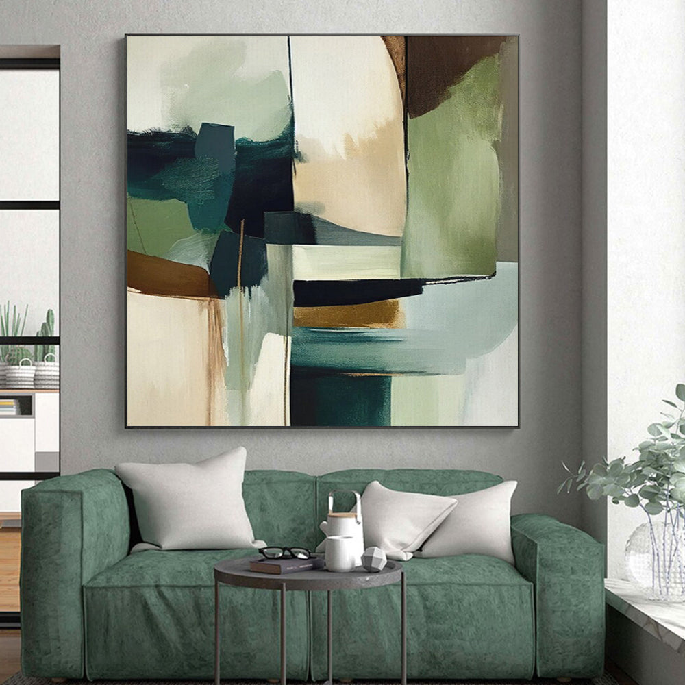 Muted Green, Blue & Brown Shapes, “Nature’s Balance” - Abstract Geometric Acrylic Painting CT0757