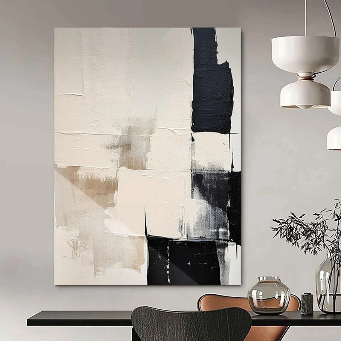 “Black - White - Beige Abstraction” - Minimalist Abstract Painting On Canvas DTP056