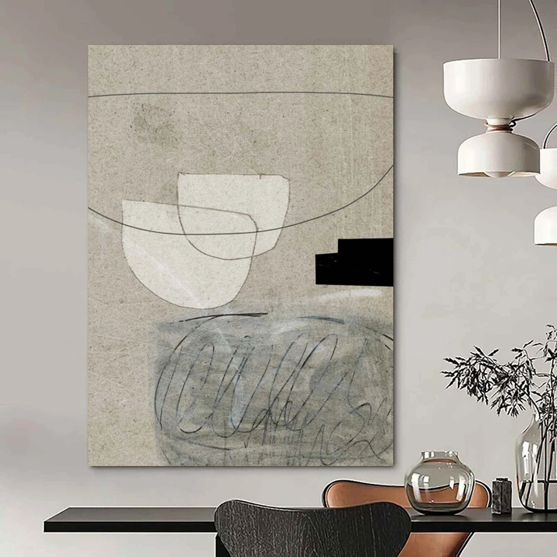 “Minimalist Paper Collage” - Beige, White, Black Mixed - Media Art On Canvas DTP238