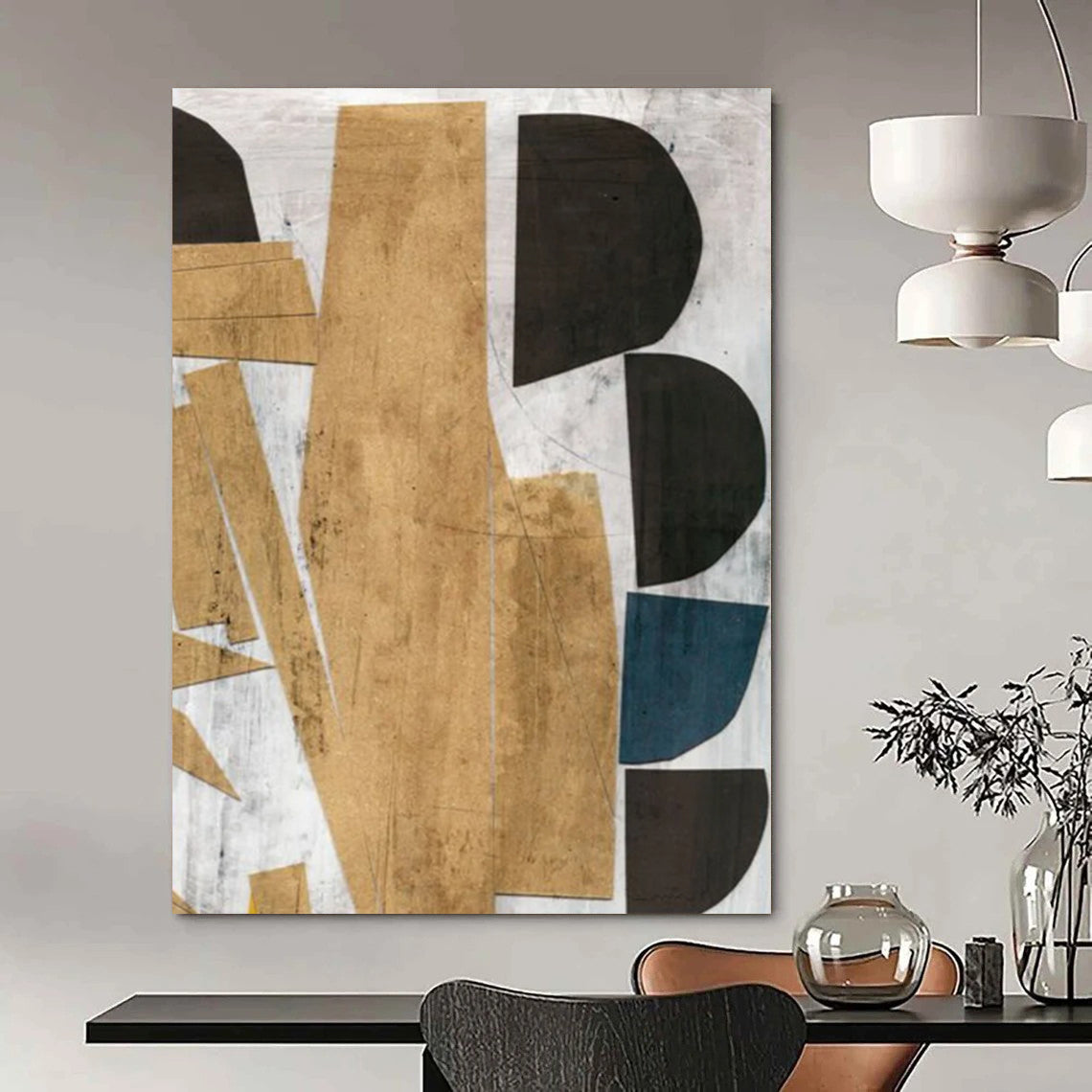 “Geometric Gold & Blue Collage” - Gold, Blue, Black Abstract Painting On Canvas DTP216