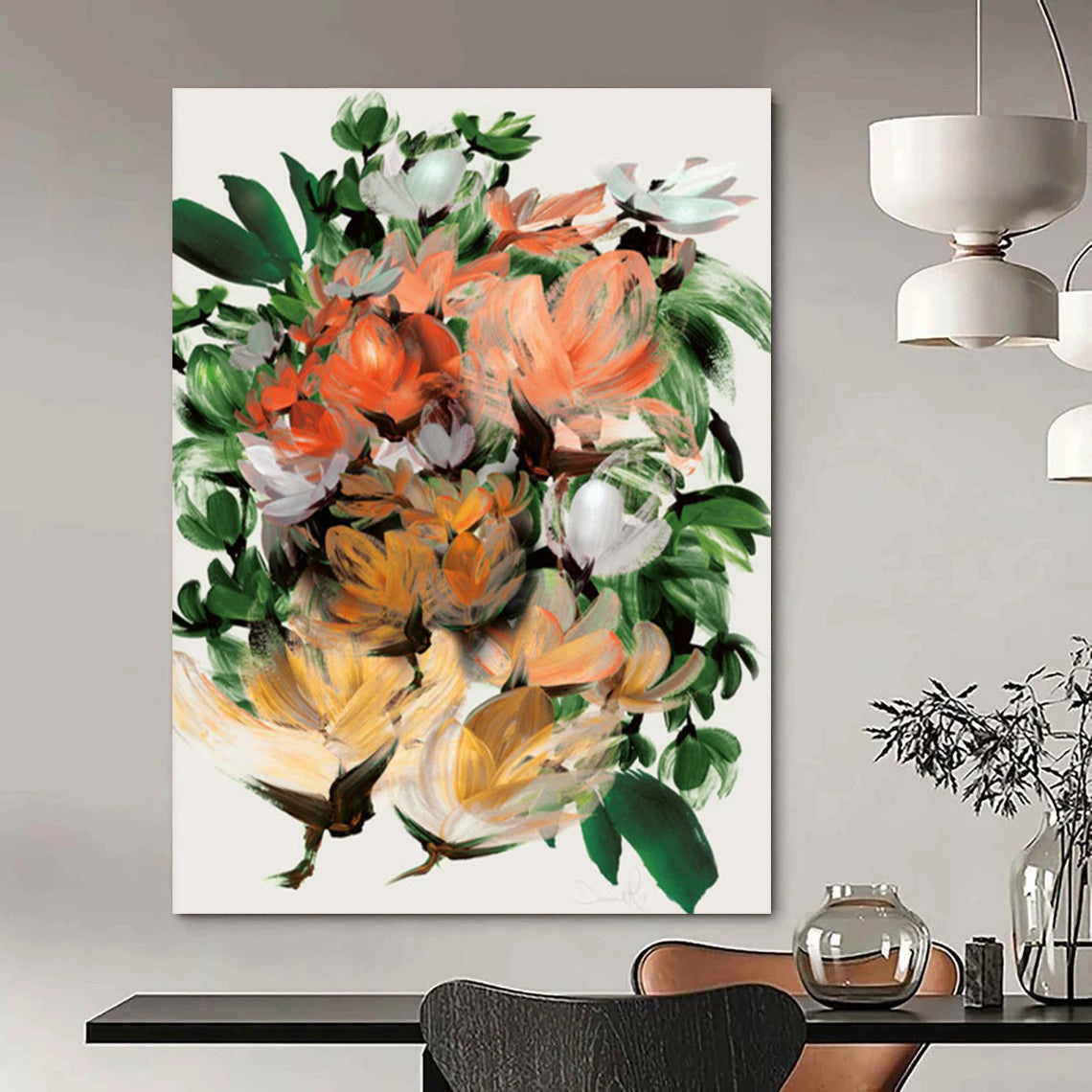 “Lush Floral Bouquet” - Orange, Green, White Abstract Painting On Canvas DTP217