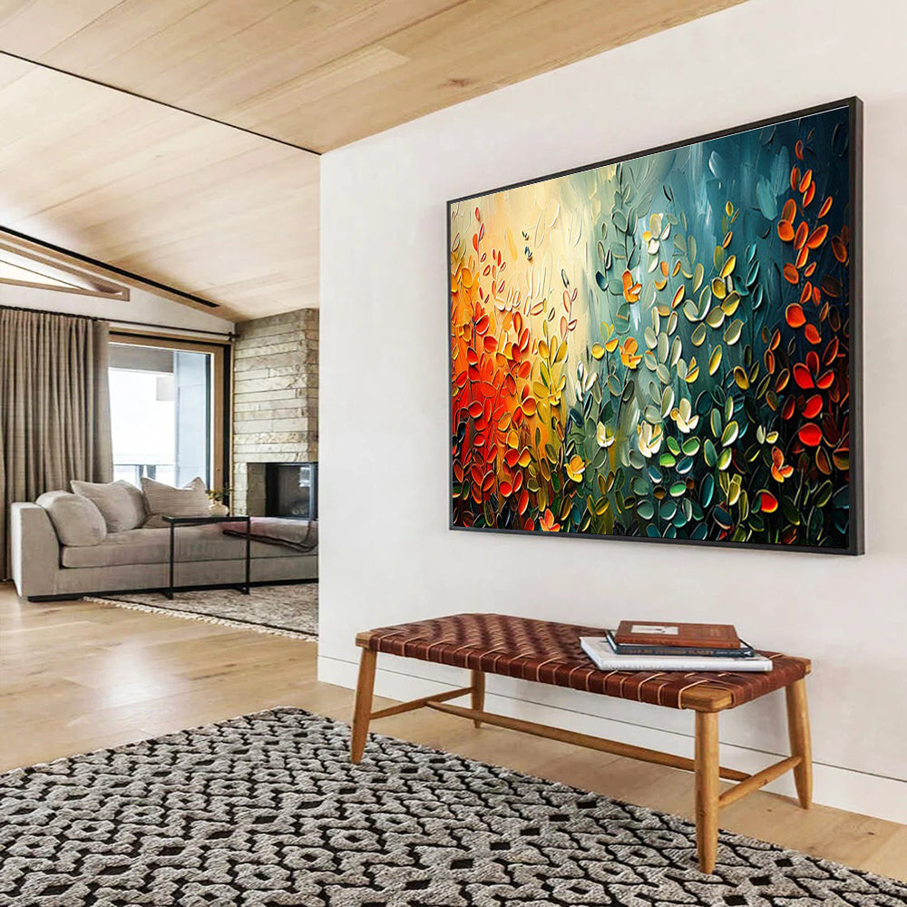 “Textured Foliage Symphony” - Multicolor, 3D - like Leaf Impasto Painting On Canvas DKH711