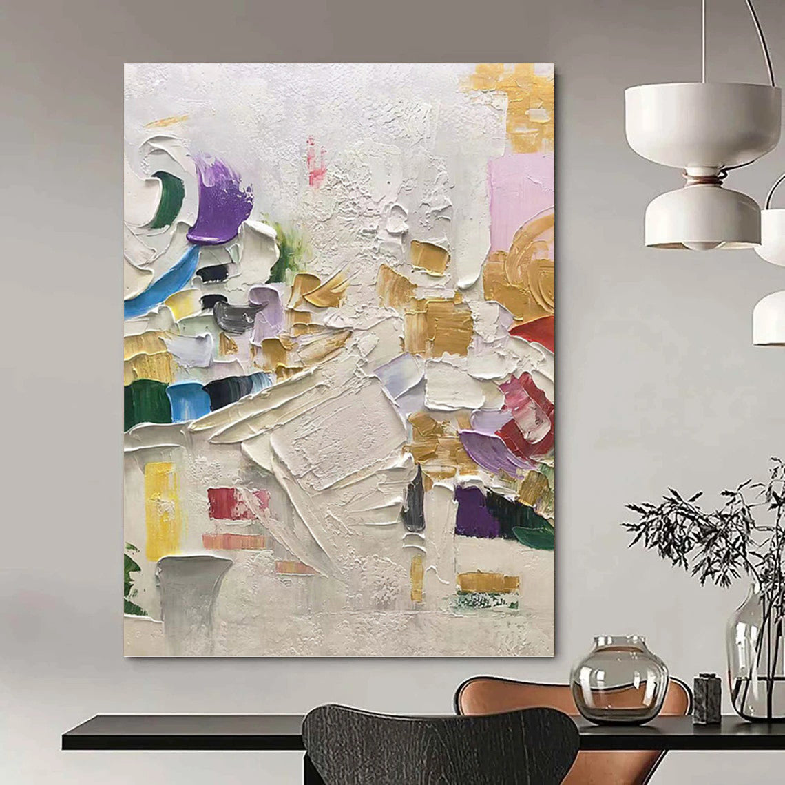 “Vibrant Impasto Mosaic” - White, Gold, Purple, Blue & Red Lively Textured Painting On Canvas DKH1035
