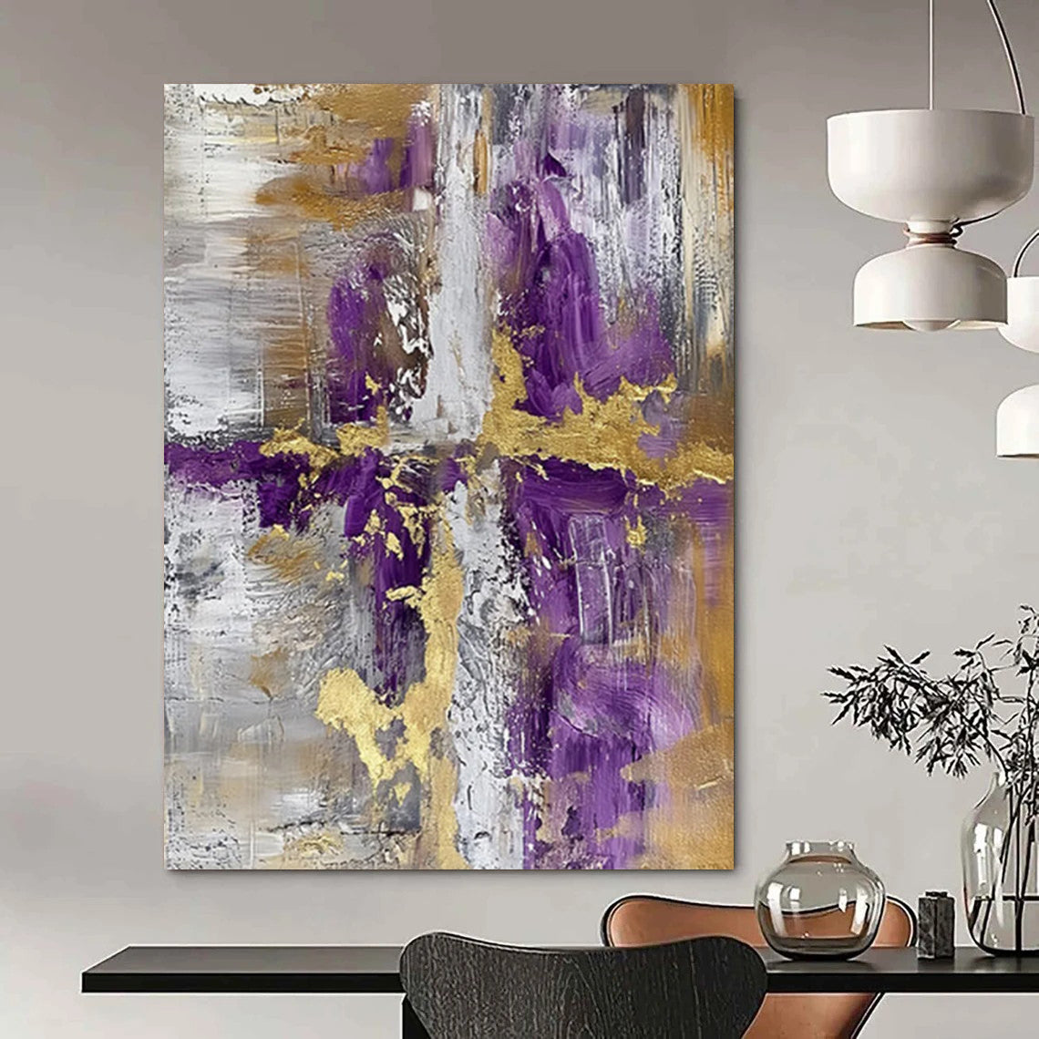 “Purple - Gold Geometric Abstraction” - Modernist Abstract Painting On Canvas DTP135