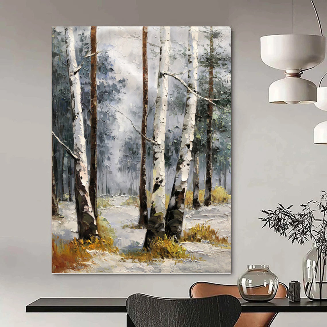 Snowy Birch Forest in Gray and White - Landscape Painting On Canvas DKH1276