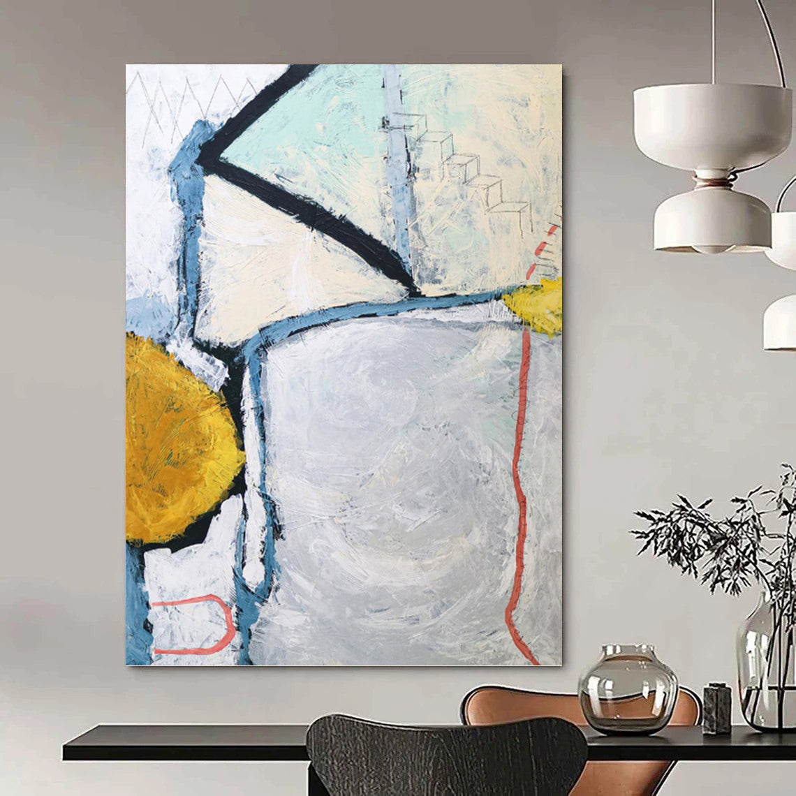 “Gray - Toned Abstract with Blue, Yellow, and Red Accents” - Dynamic Abstract Painting On Canvas DKH1105