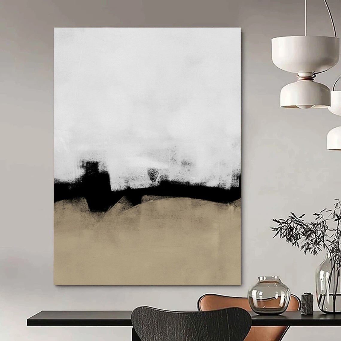 “Black - White - Beige Abstract” - Black, White & Beige Subtle Painting On Canvas DKH0965