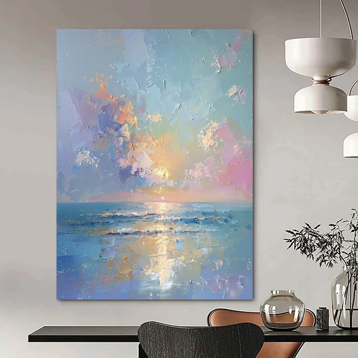 “Pastel Sea Sunset” - Blue, Pink & Orange Seaside Sunset Painting On Canvas CT2202