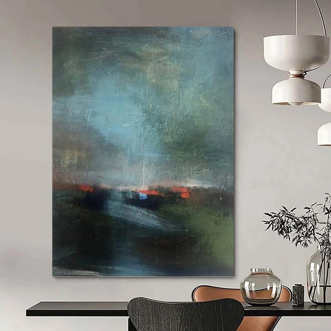 Misty Landscape in Muted Greens and Blues - Abstract Landscape Painting On Canvas DKH1408