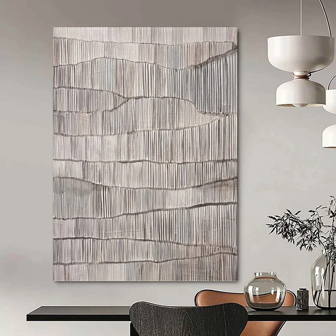 “Gray Textured Ridges” - Gray & White Minimalist Textured Painting On Canvas DKH1031