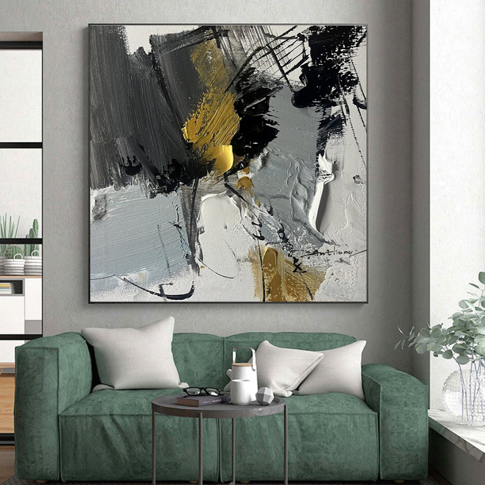 “Gray - Black - Gold Abstract Fusion” ,Abstract Acrylic Painting CT0792