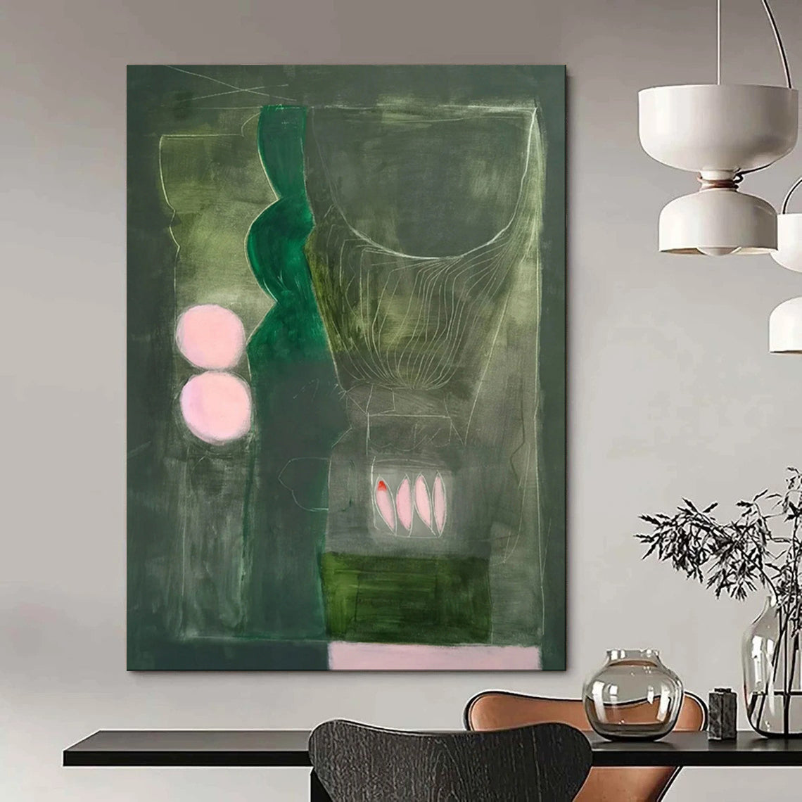 Green, Grey, Pink Accents - "Mystic Stillness" - Abstract Surrealist Painting CT1846