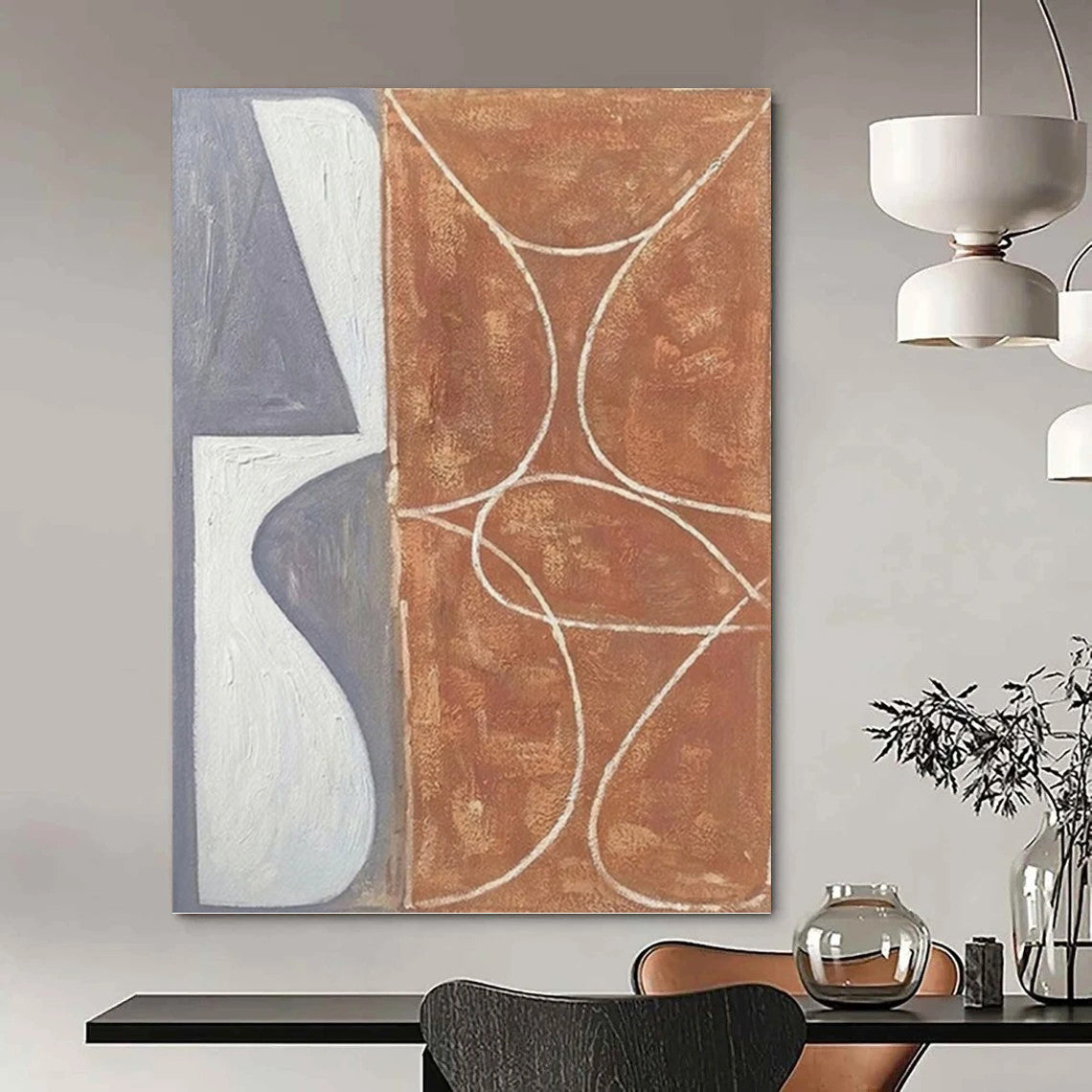 Gray, White, and Brown - Geometric and Curved Painting On Canvas DKH1138