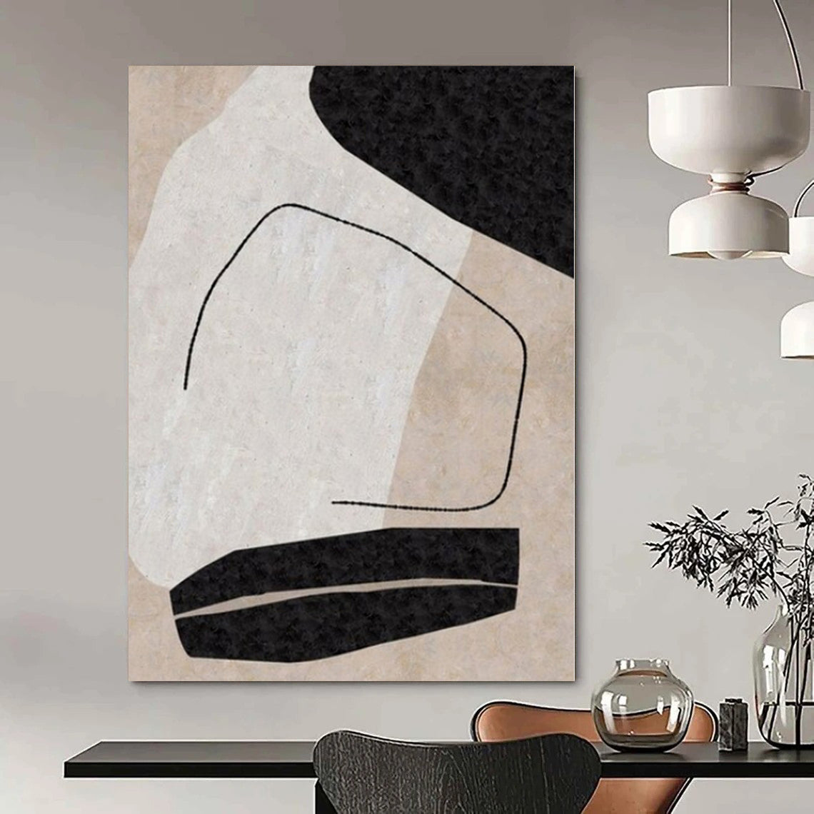 “Black - White - Beige Geometric Fragment” – Geometric Abstract Painting CT1142