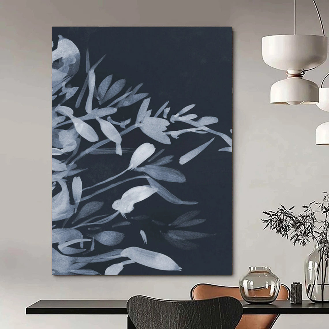 “Monochrome Floral Silhouette” - Dark Blue, Light Blue Floral Painting On Canvas DTP239
