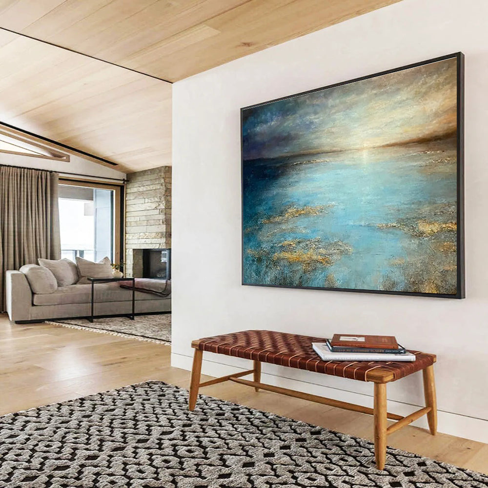 “Golden - Hued Blue Sea and Sky” - Impressionistic Seascape Painting On Canvas DKH771