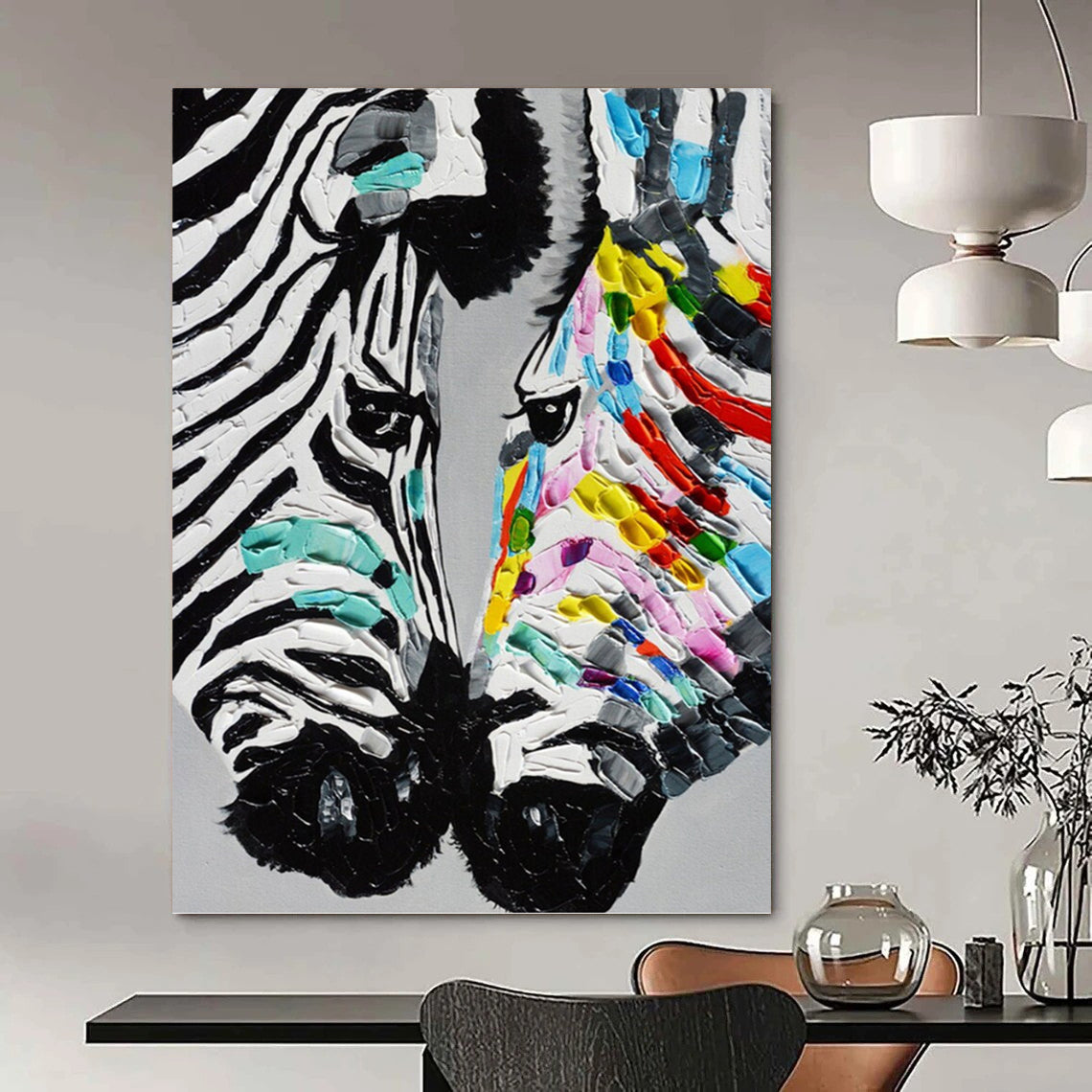 “Colorful Stripes” - Black, White & Colorful Textured Zebra Painting On Canvas DKH1545
