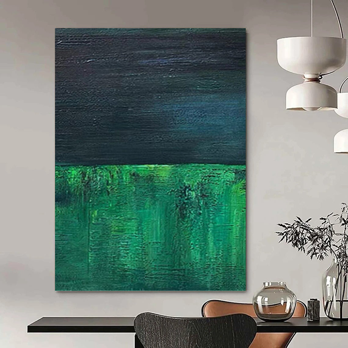 “Dark Green & Blue Layers” - Dark Green & Blue Abstract Minimalist Painting On Canvas DKH1201