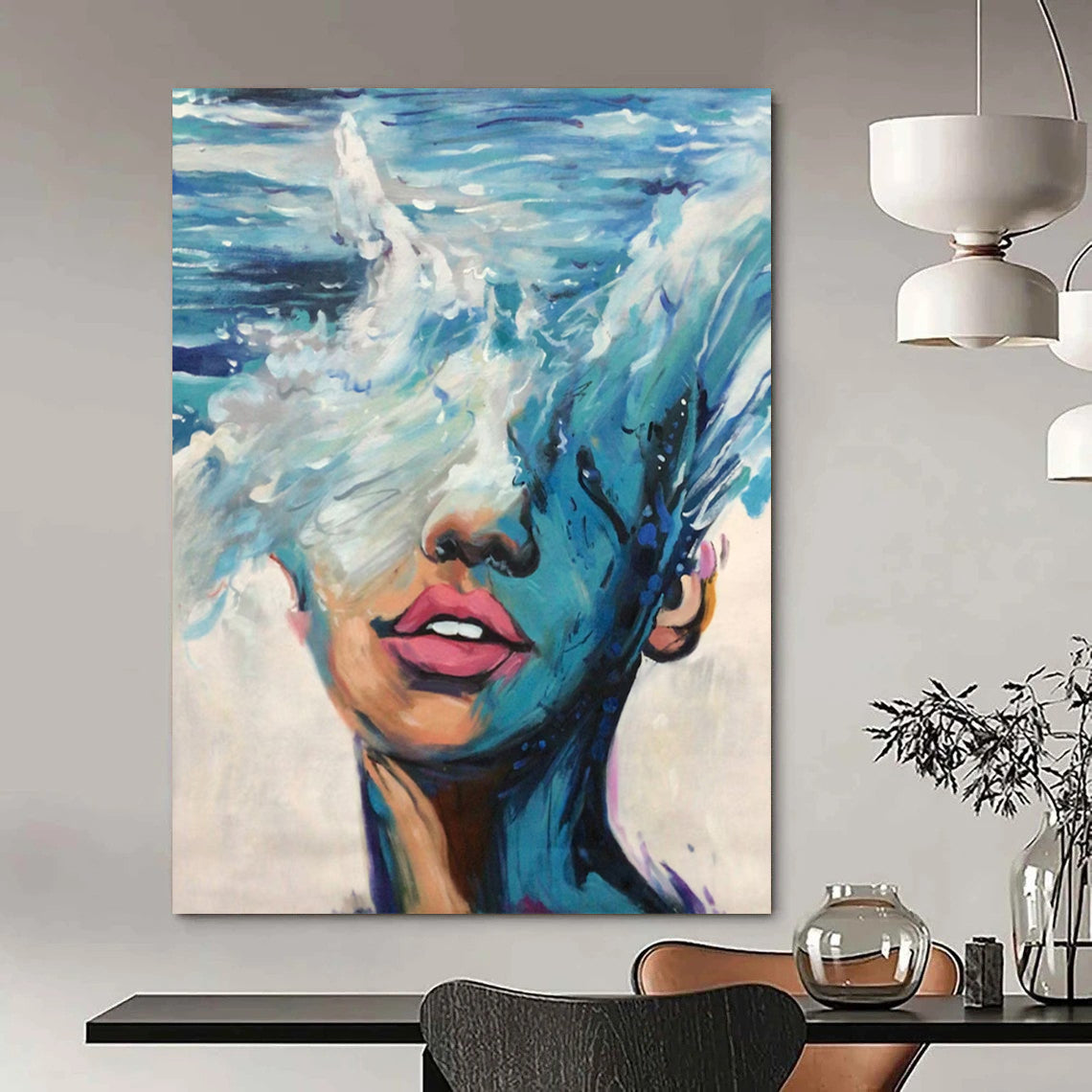 “Blue, White, Pink Ocean Face ‘Sea of Self’” - Impasto Figurative Painting On Canvas DTP347