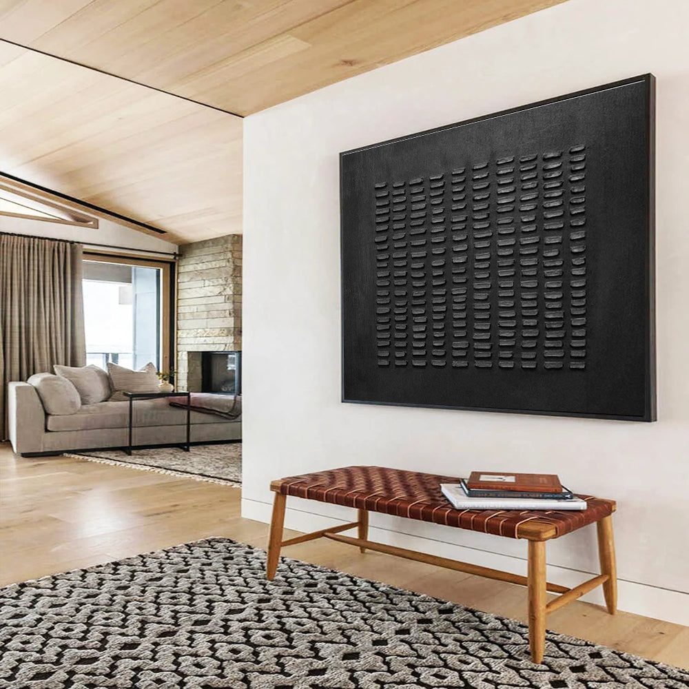 Textured Black Abstract “Tactile Black Grid” Painting On Canvas DKH089