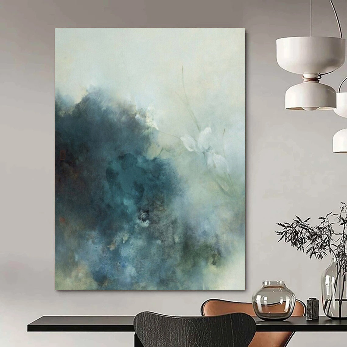 “Soft Blue - Gray Floral Mist” - Blue, Gray & White Abstract Flower Painting On Canvas DKH0948
