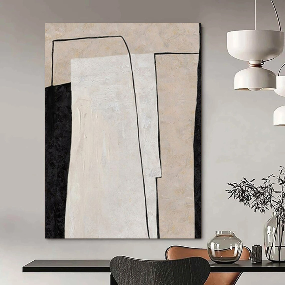 “Black - White - Beige Geometric Overlap” – Geometric Abstract Painting CT1136