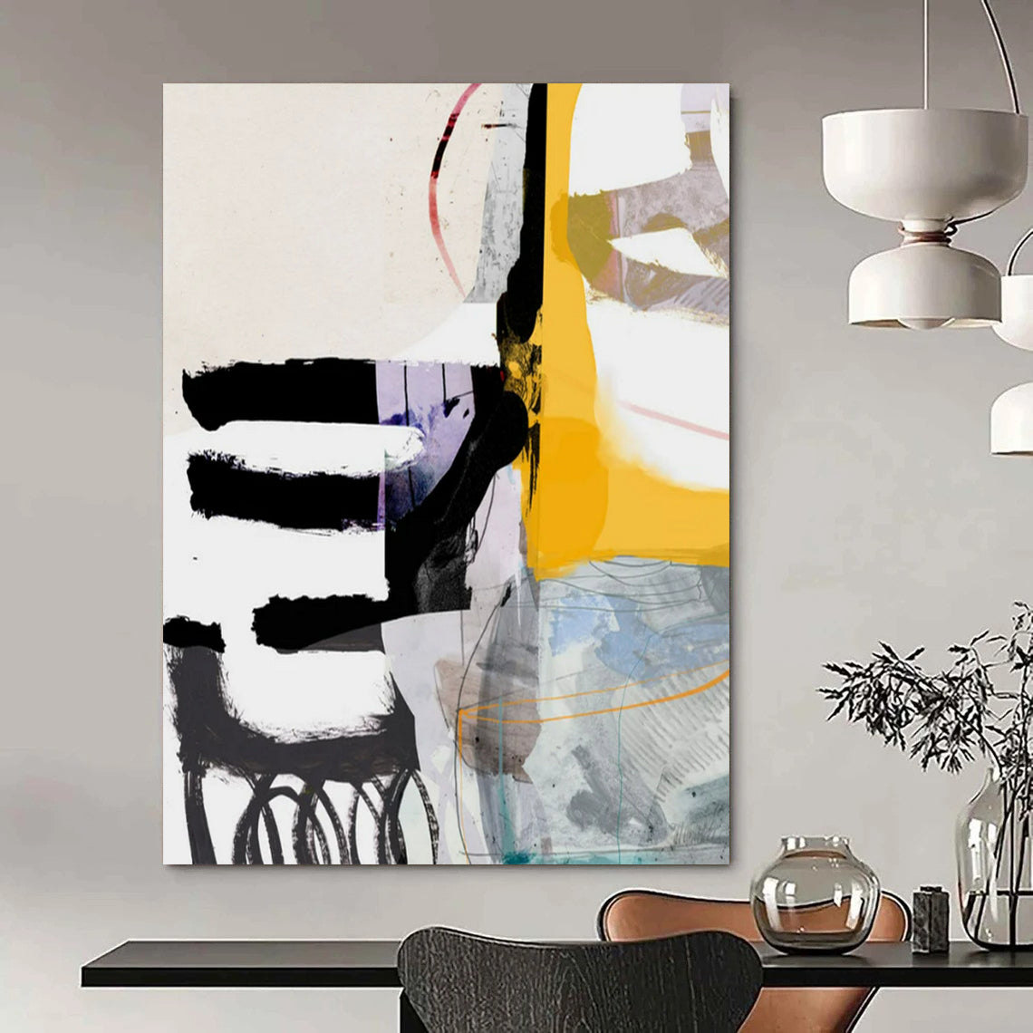 “Black, Yellow, Purple & White Collage - Style Abstract” - Abstract Painting On Canvas CT2313