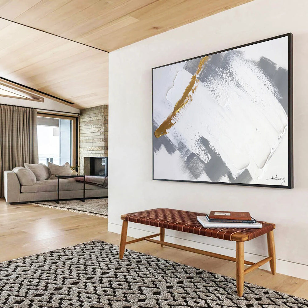Gold Accent Gray and White Abstract Painting On Canvas DKH317