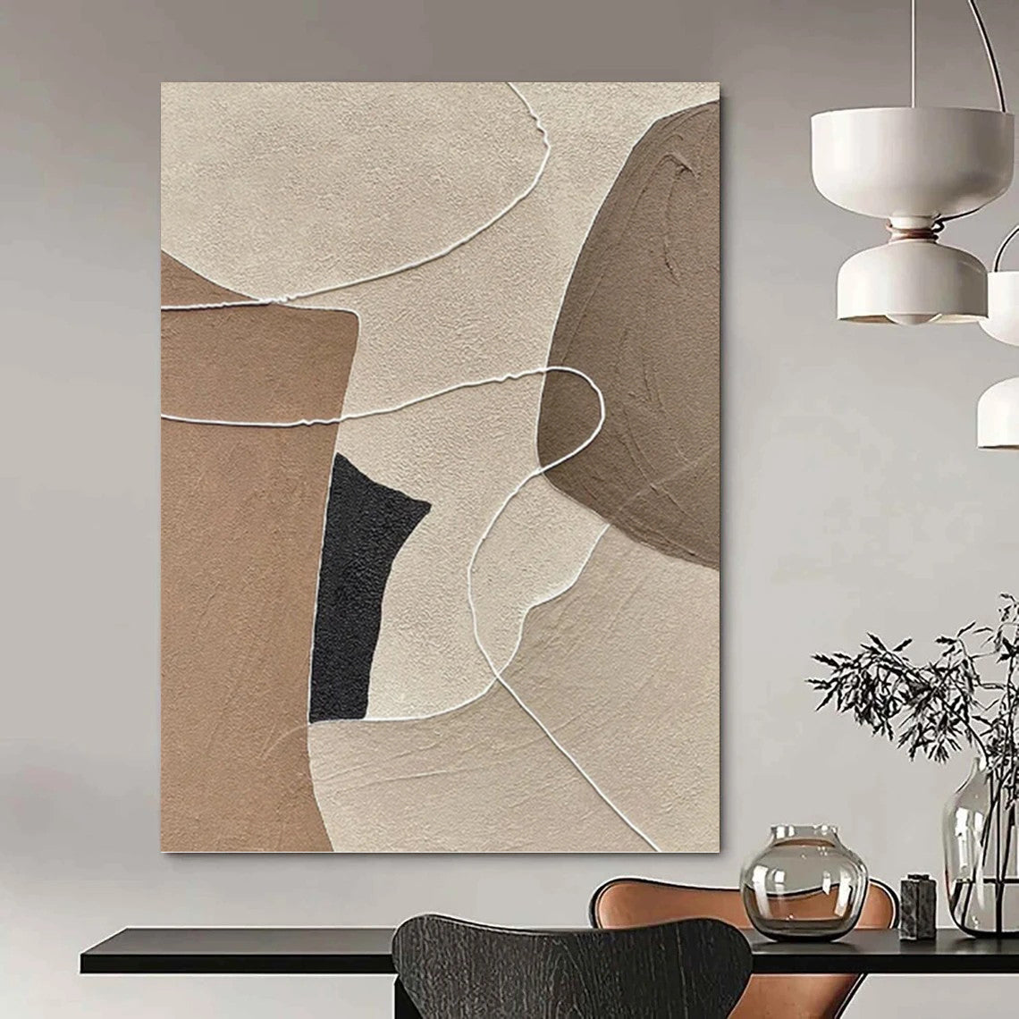 “Neutral - Toned Abstract with White Lines and Shapes” - Minimalist Textured Painting On Canvas DKH1112