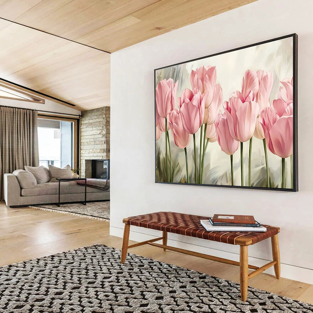 Realistic Pink Tulips - Pink & Green Floral Painting On Canvas DKH898
