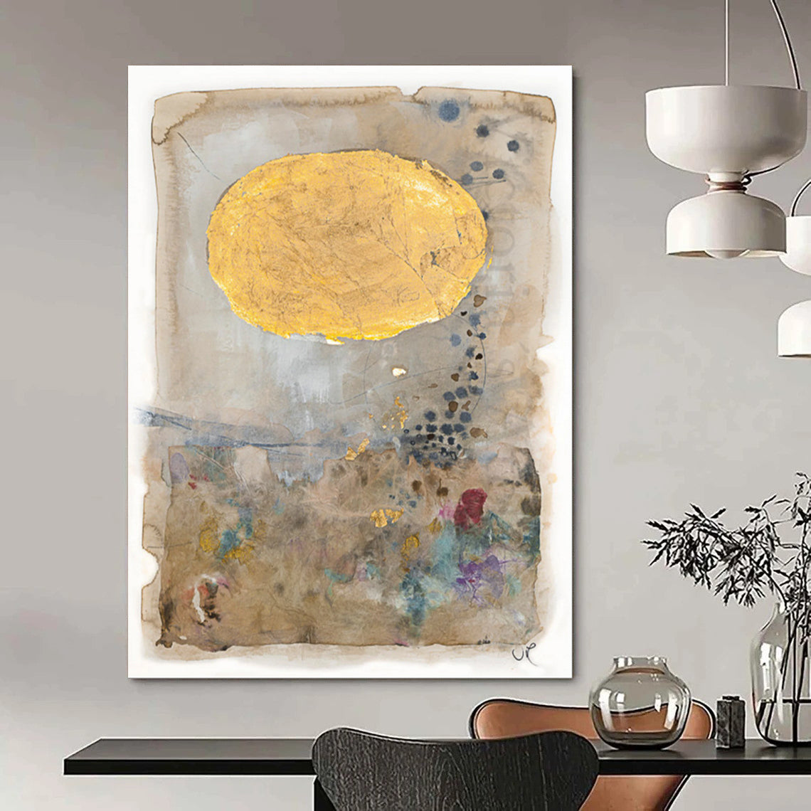 Beige, Gold, Colorful Accents - "Golden Daydream" - Mixed - media Abstract Art CT1814