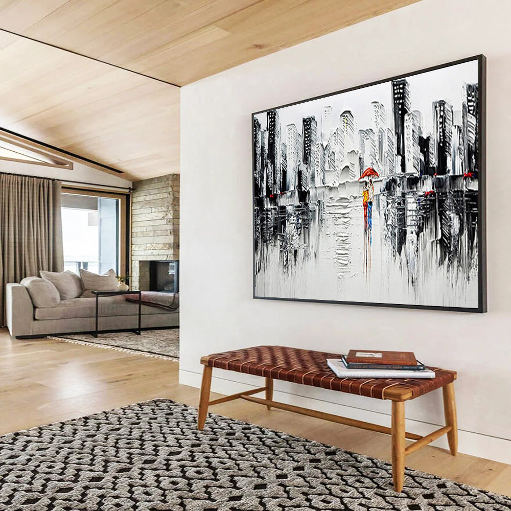 Monochrome City Stroll - Gray, White & Red Urban Painting On Canvas DKH895