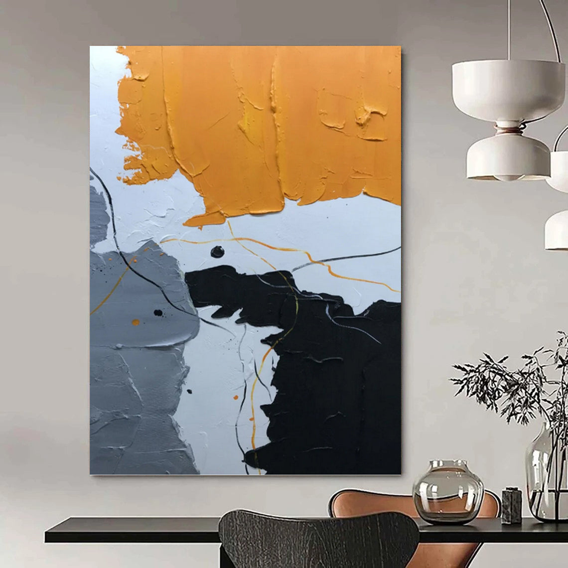 Orange, Gray, Black, and Line Abstract - Abstract Painting On Canvas DKH1334