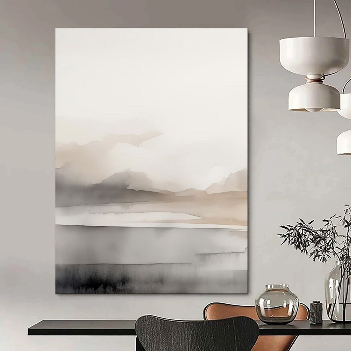 “Ink - Wash Mountain Serenity” – Abstract Watercolor Landscape with Beige and Gray Gradients CT2060