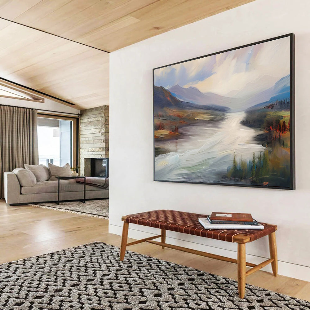 “Flowing River Landscape” - Blue, Gray, Brown Landscape Oil Painting On Canvas DKH726