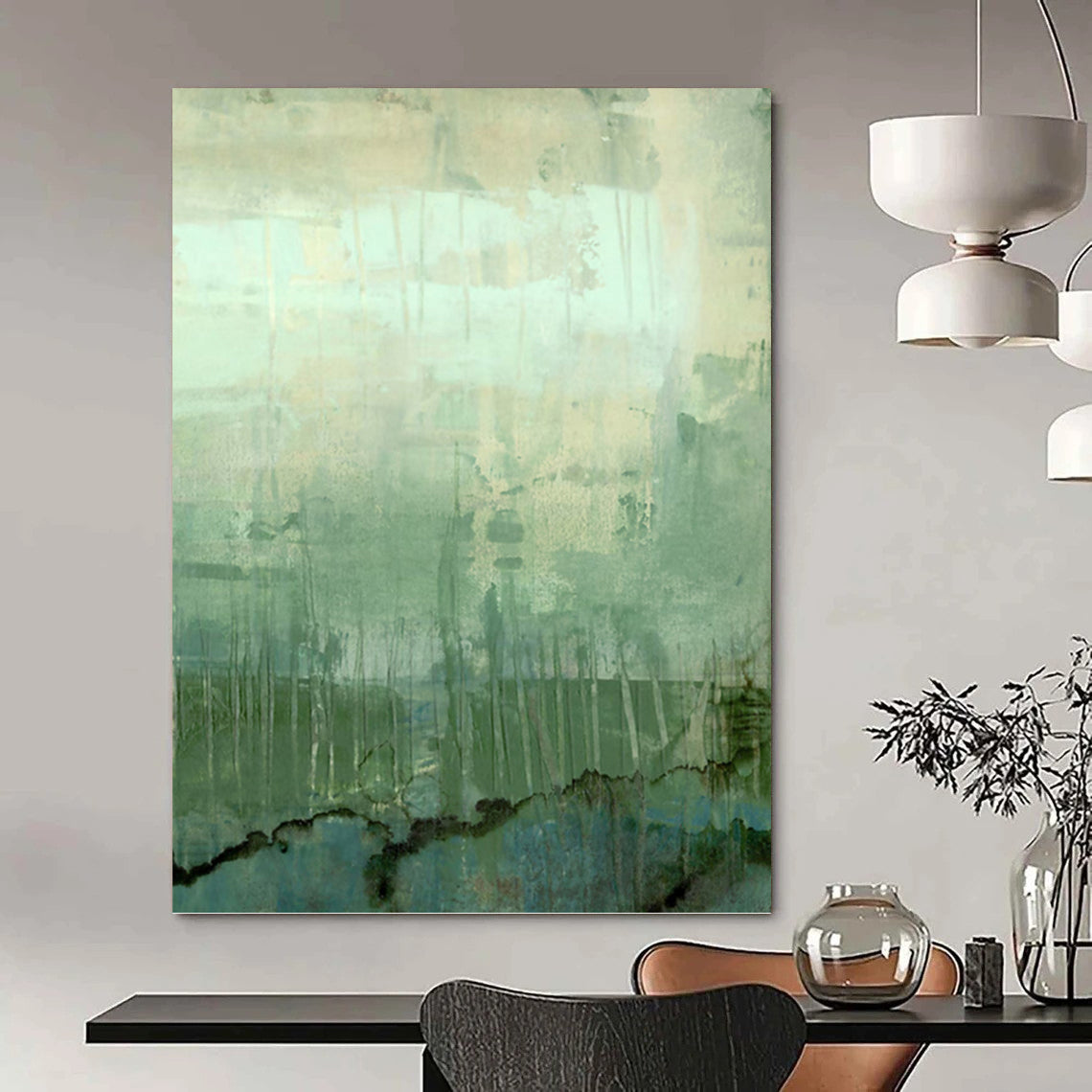 “Green - Blue Abstract Landscape” - Green, Blue & Gray Textured Painting On Canvas DKH0952