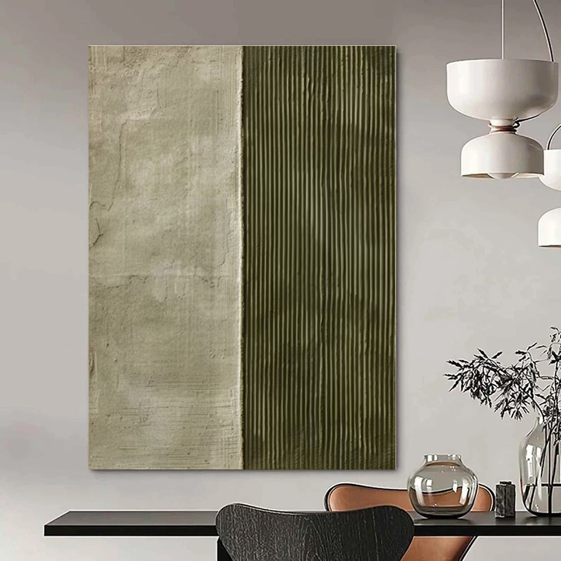 Grey - Green Split Texture - Minimalist Textured Acrylic Painting CT1383