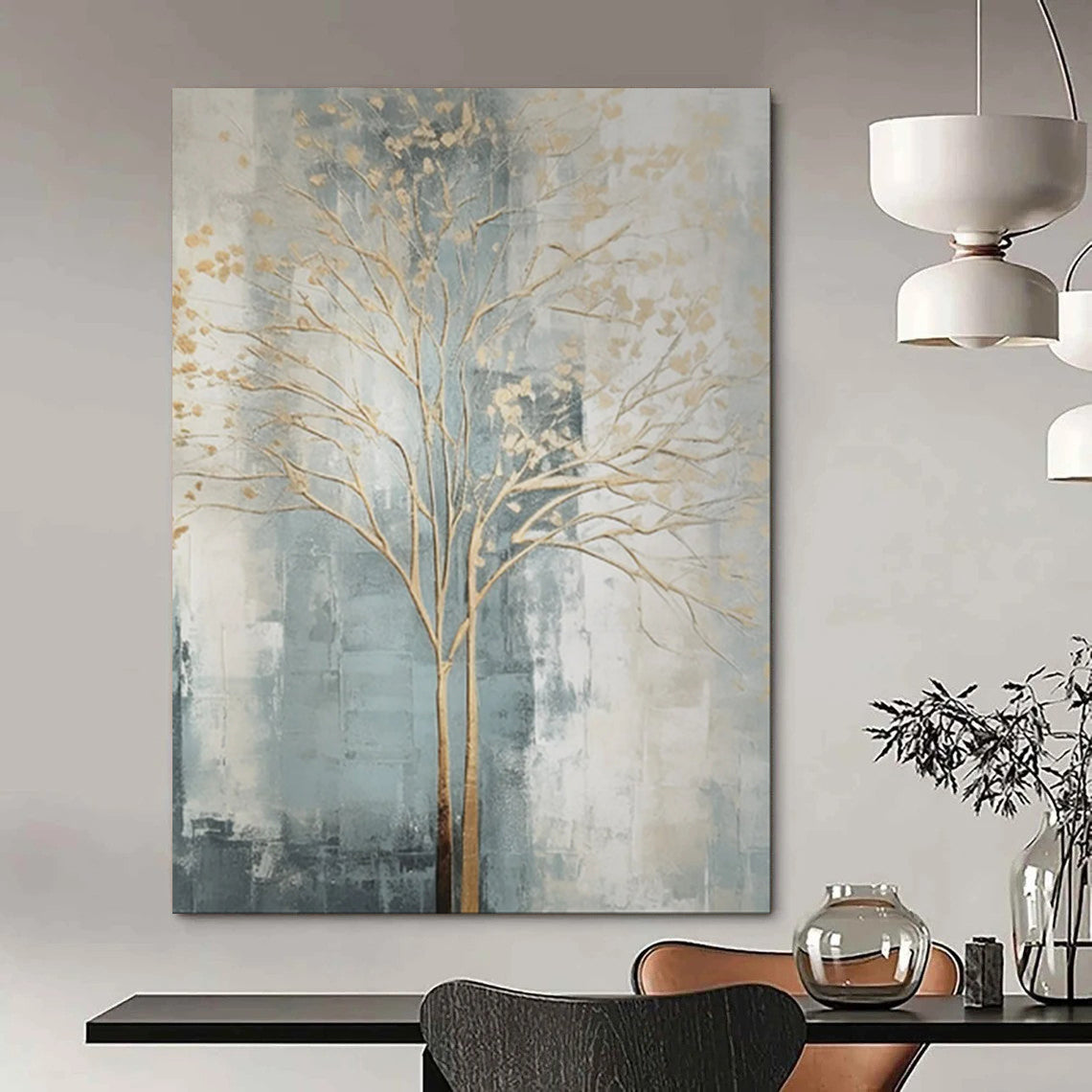 Gold Tree, Blue - Grey Background - "Gilded Growth" - Abstract Landscape Painting CT1838