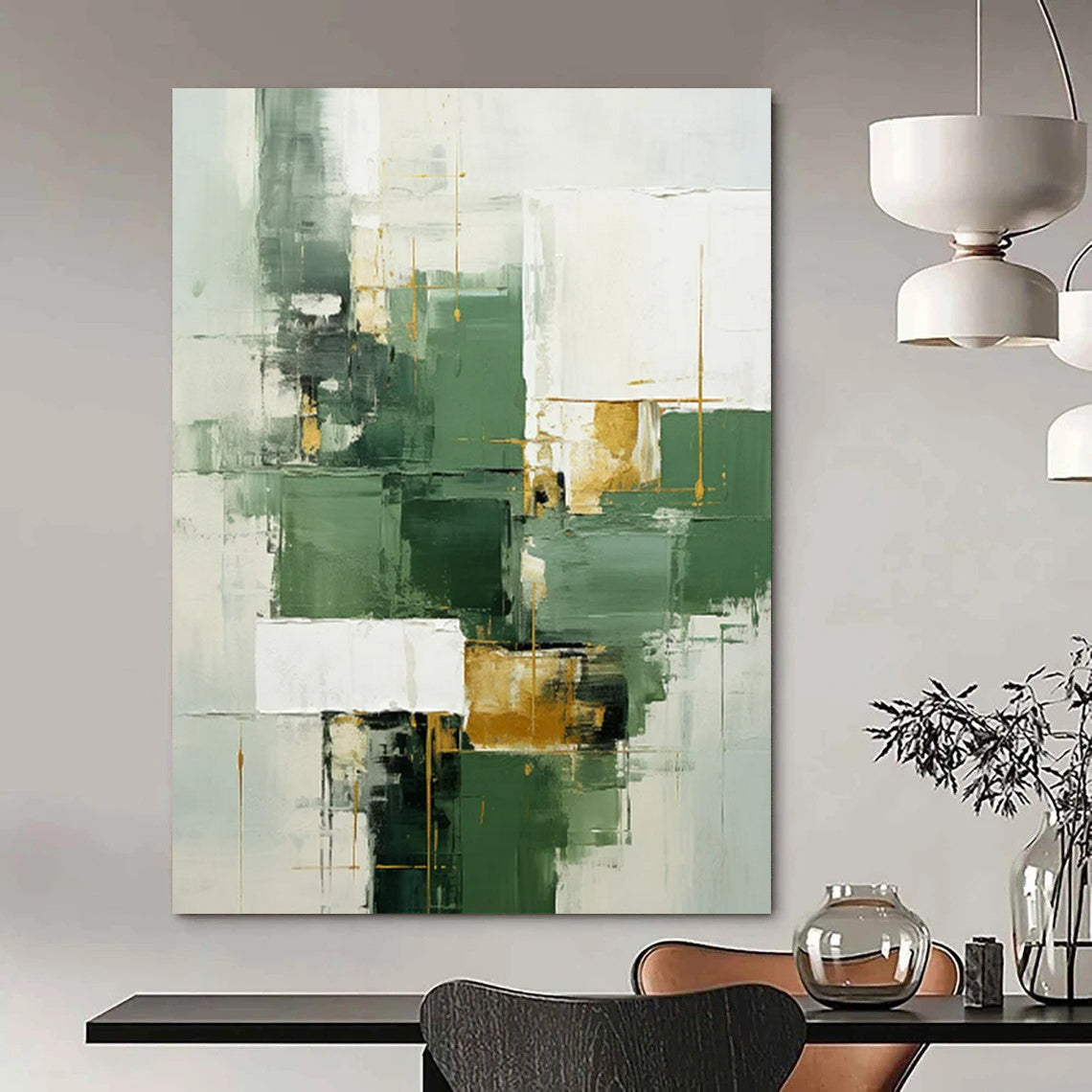 Green, White & Gold Geometric Abstract - Geometric Abstract Painting On Canvas CT2290