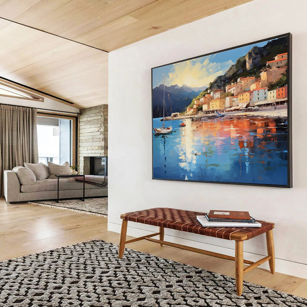 Coastal Village - Bright Blue & Warm Orange Impressionistic Town Painting On Canvas DKH877