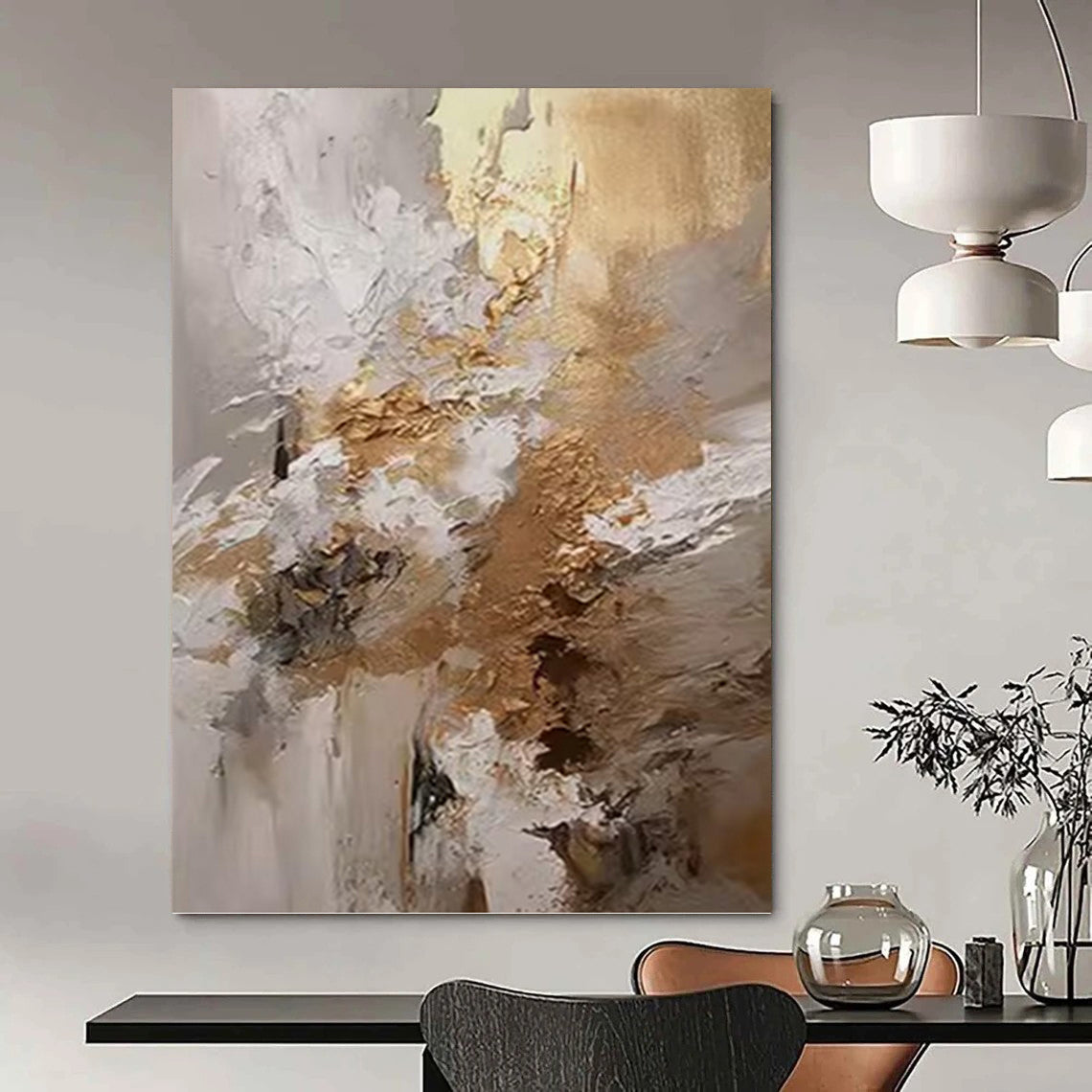 Gold & White Textured Blend - Abstract Impasto Painting On Canvas DKH1246